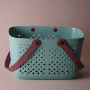 Mint Green Perforated Basket with Leather Handles - Single