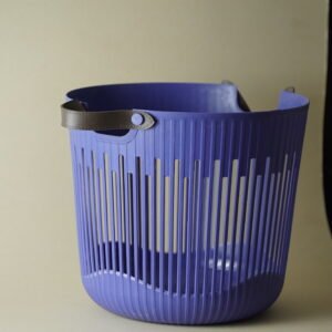 Large Ribbed Basket with Leather Handles